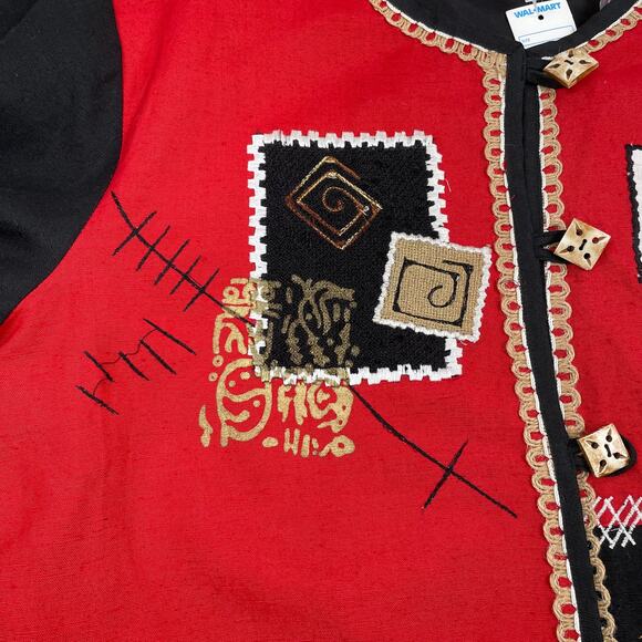 VTG Patchwork Embroidered Top Sz M Red Black Long Sleeve Funky Abstract Linen - Picture 10 of 13